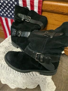 Earth Black Suede Moto Combat Boots with Buckle Straps